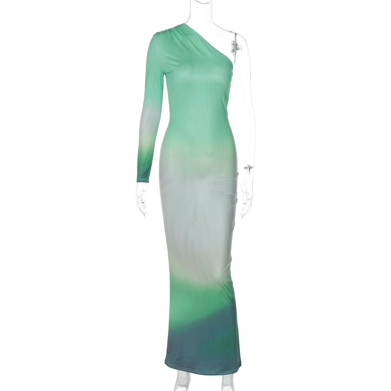 Women's Autumn Fashion Sexy Print Slash Shoulder Single Sleeve Long Bodycon Dress 9