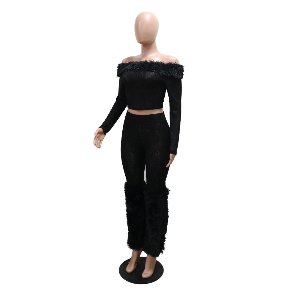 Long Sleeve Off-Shoulder Top & Slim Trousers Furry Two-Piece Set 7
