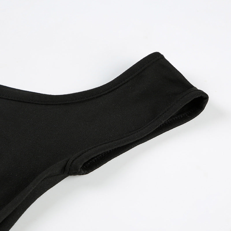 Women American asymmetrical off-shoulder metal button streamer Tank Top 13