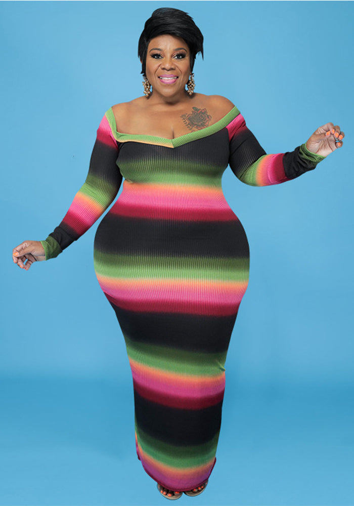 Plus Size Women Summer V-neck Off-shoulder Striped Print Dress