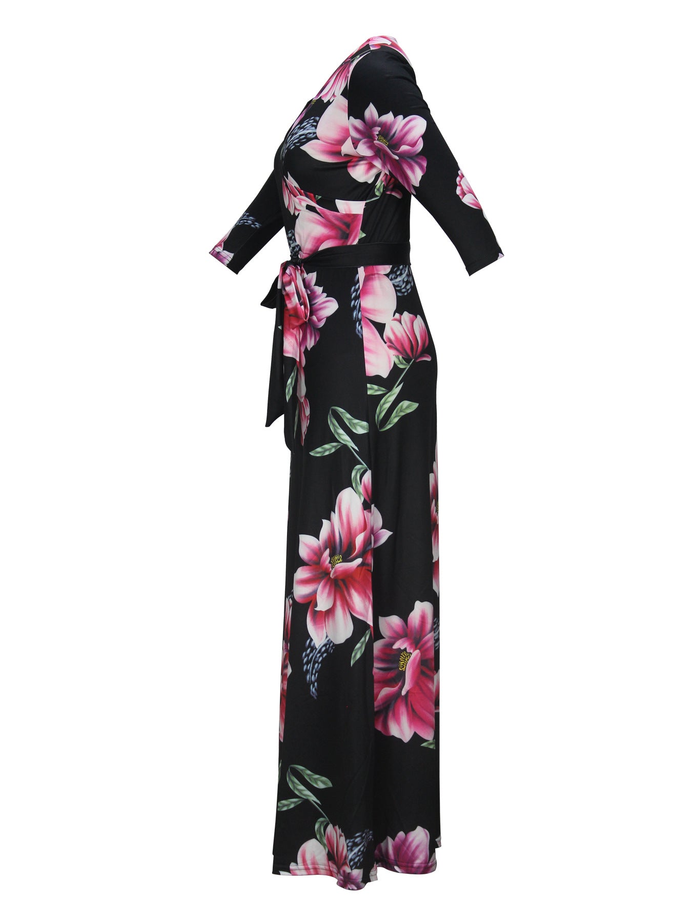 Spring & Autumn Women's Fashion Elegant Wrap V-Neck Half-Sleeve Print Belt Maxi Dress 102