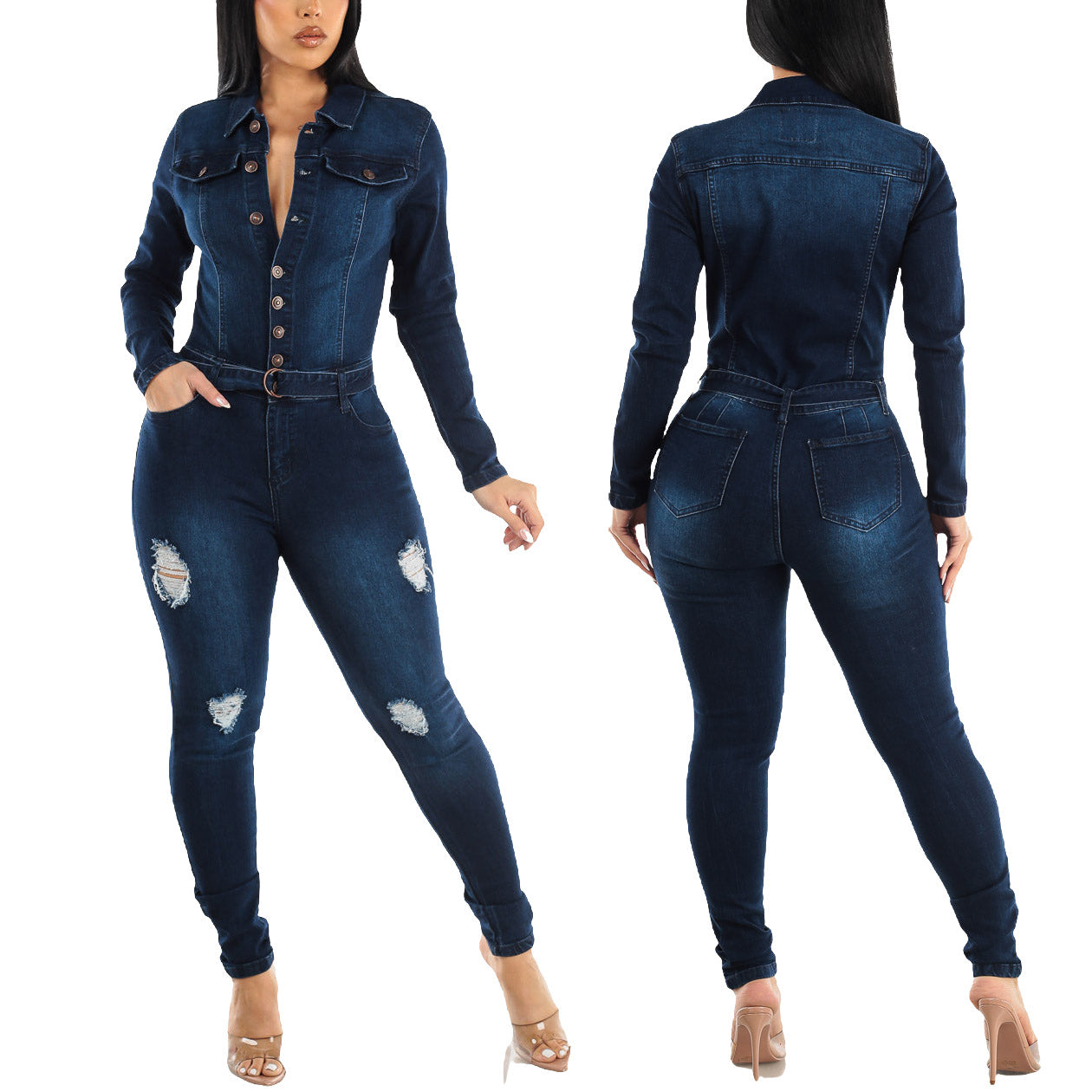 Women Stretch Ripped Washed Long Sleeve Denim Jumpsuit