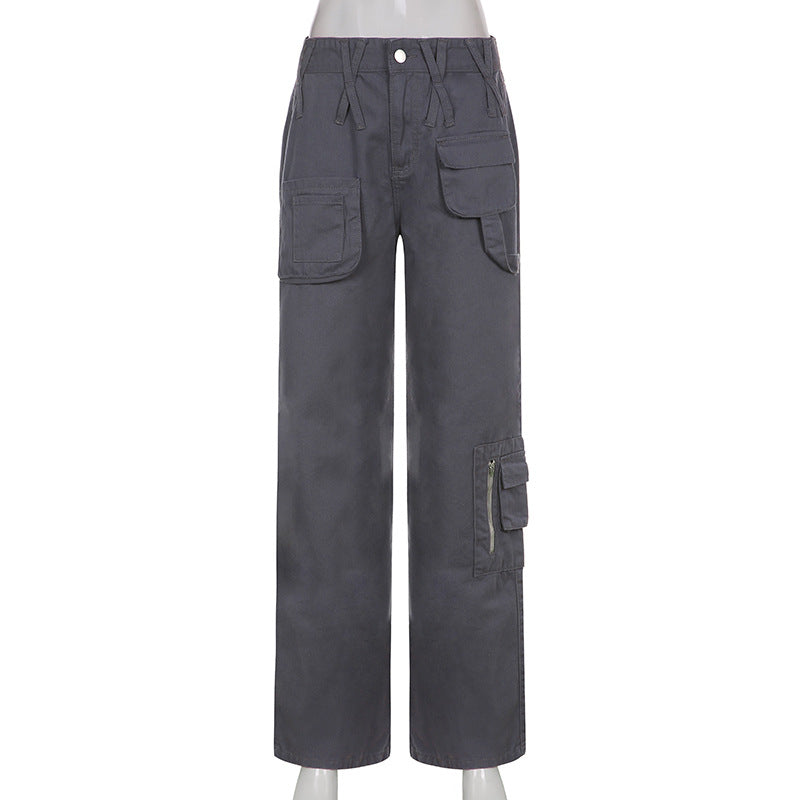 Street Hipster Women Clothing Casual Loose Drawstring Belt High Waist  Grey Wide Leg Denim Cargo Pants 16