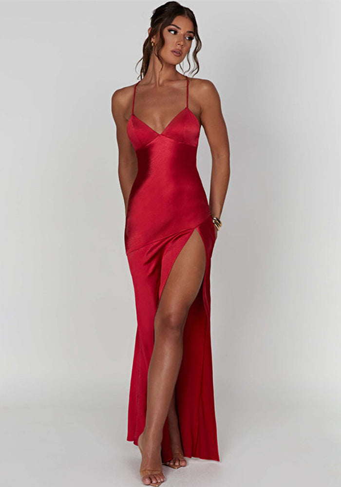 Women Summer Suspender V Neck Slit Sexy Backless Dress