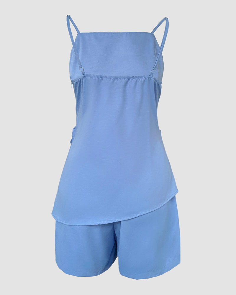 Fashion Lace-Up Strap Wide Leg Two Piece Shorts Set 5