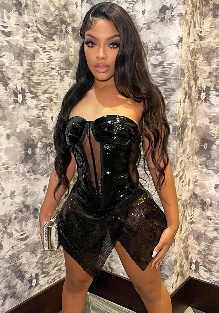 Women Sexy Sequined Mesh See-Through Irregular Slit Strapless Mini Dress