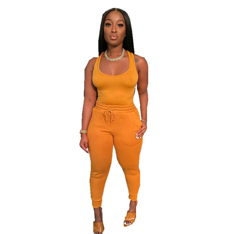 Women's Sexy Solid Vest Drawstring Trousers Two-Piece Set For Women 11