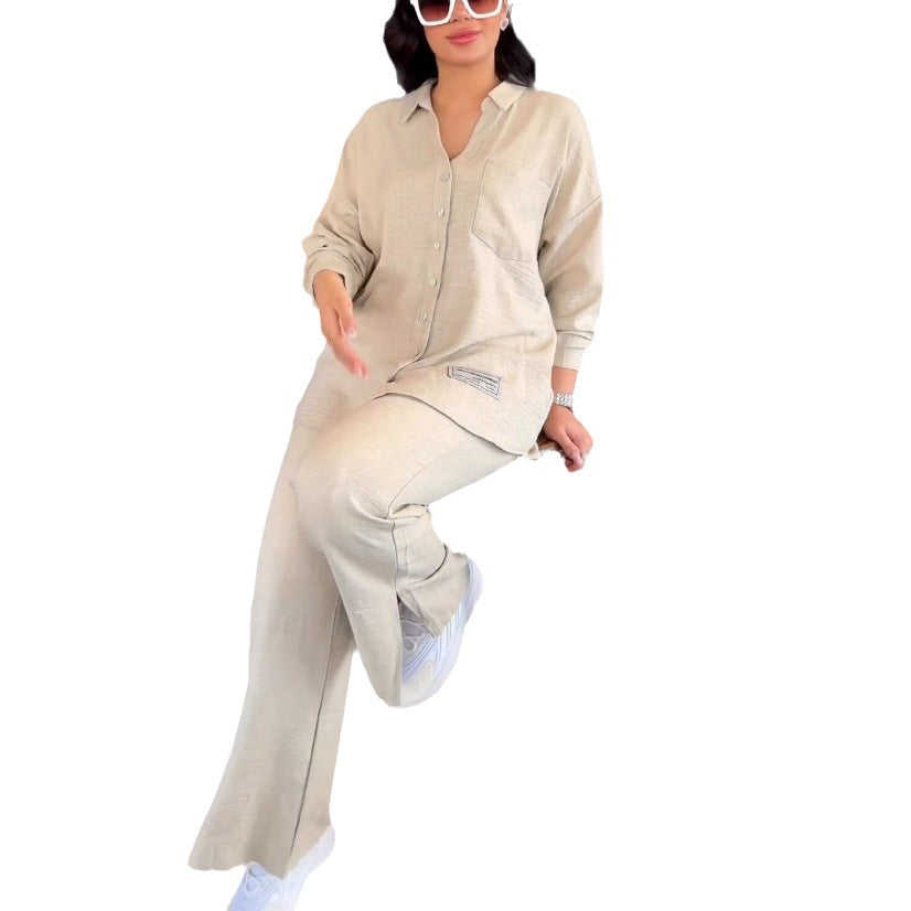 Plus Size Women loose long-sleeved shirt and slit wide-leg pants two-piece set 9