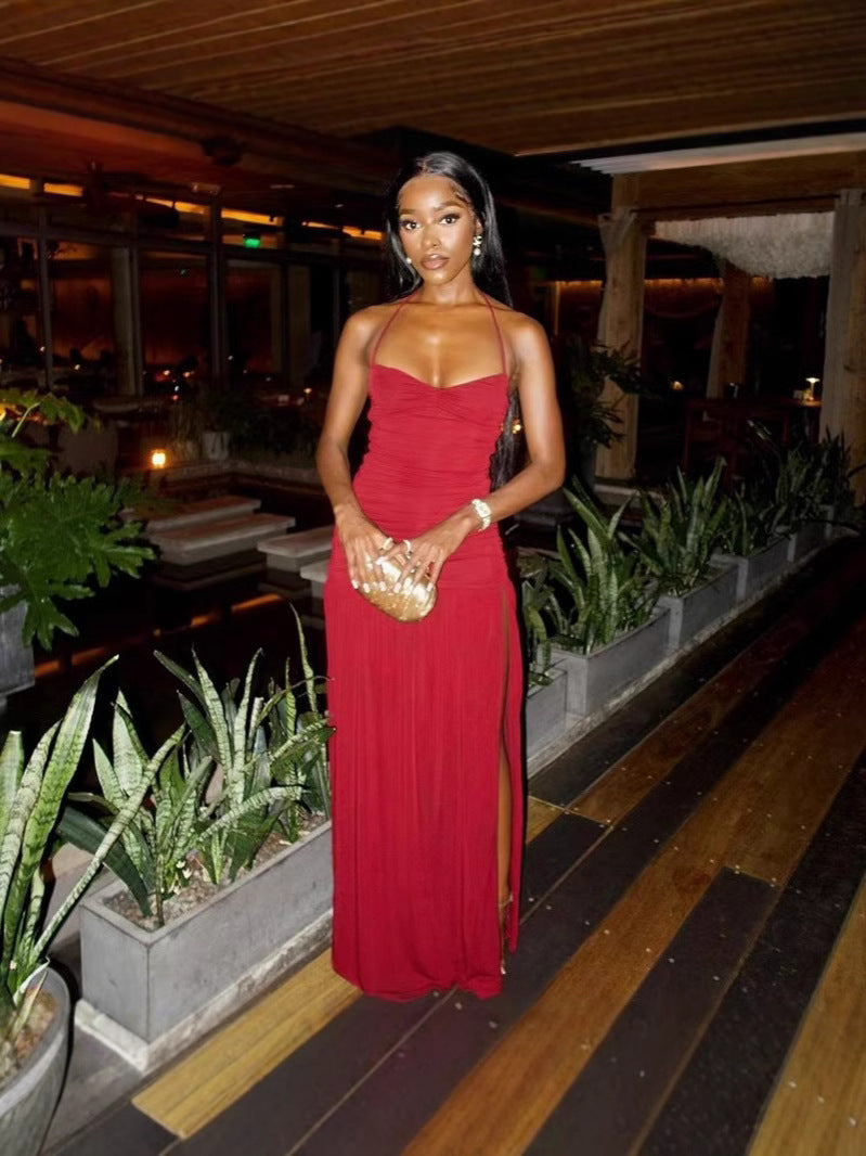 Women Sexy Halter Neck Backless Bodycon Slit Dress