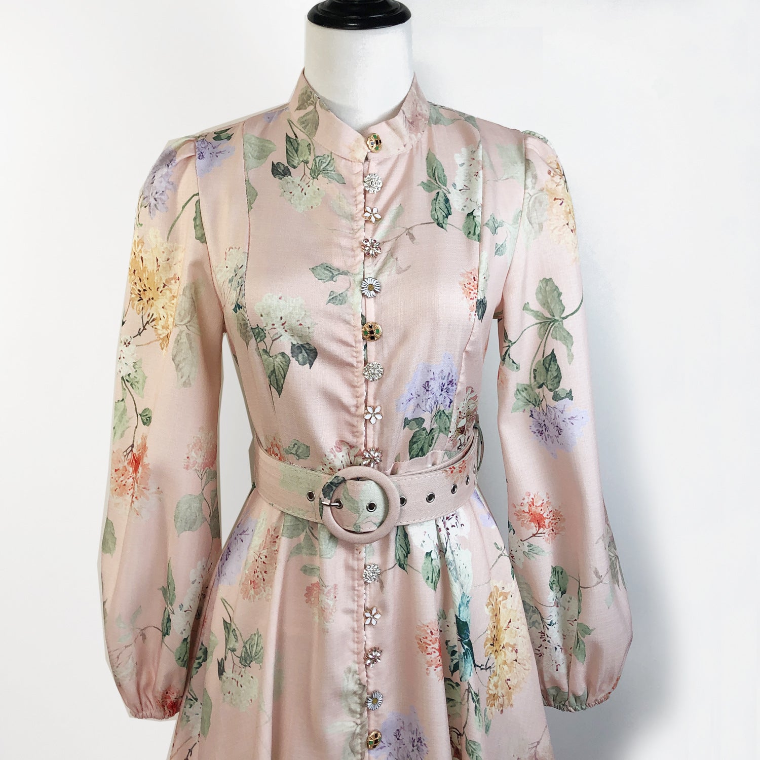 Elegant Print Row Jewelry Button Floral Lantern Sleeve Midi Dress with Belt 25