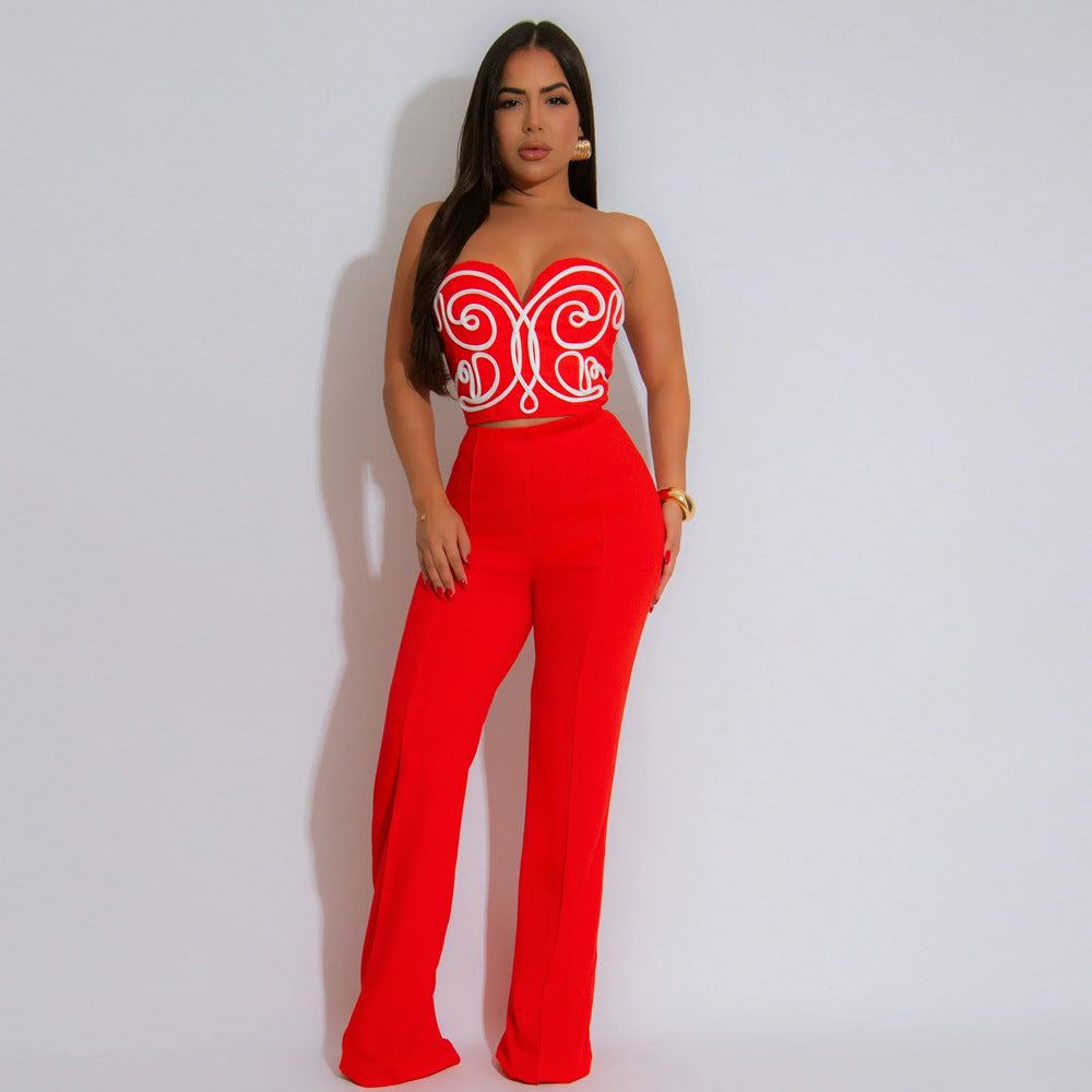 Women Strapless Crop Top and Solid Long Pants Two-Piece Set 6