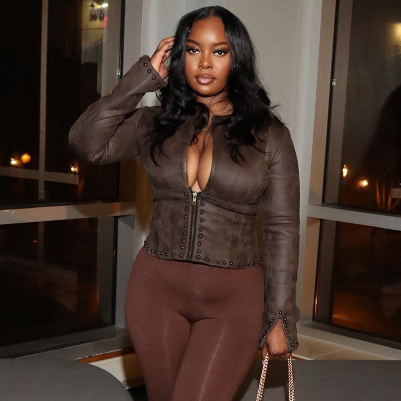 Women Autumn/Winter Pu-Leather Half-Open Collar Zippered Rivet Waist Crop Jacket 5