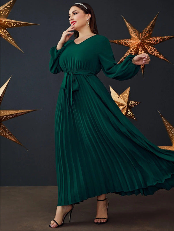 Fashion Solid Color V-Neck Long Sleeve Pleated Plus Size Dress 4