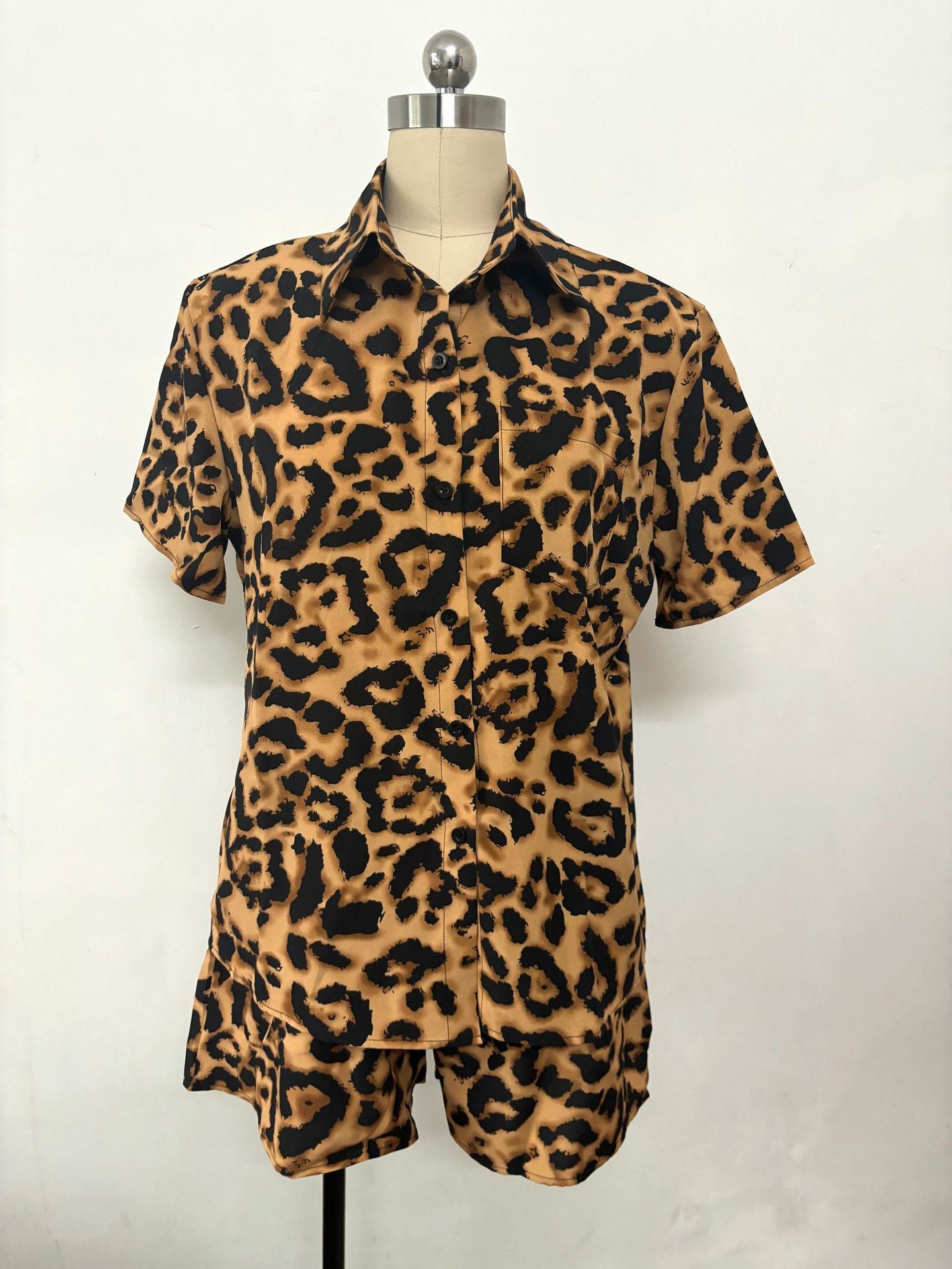 Women Leopard Print Short Sleeve Shirt Shorts Summer Two-Piece Set 8