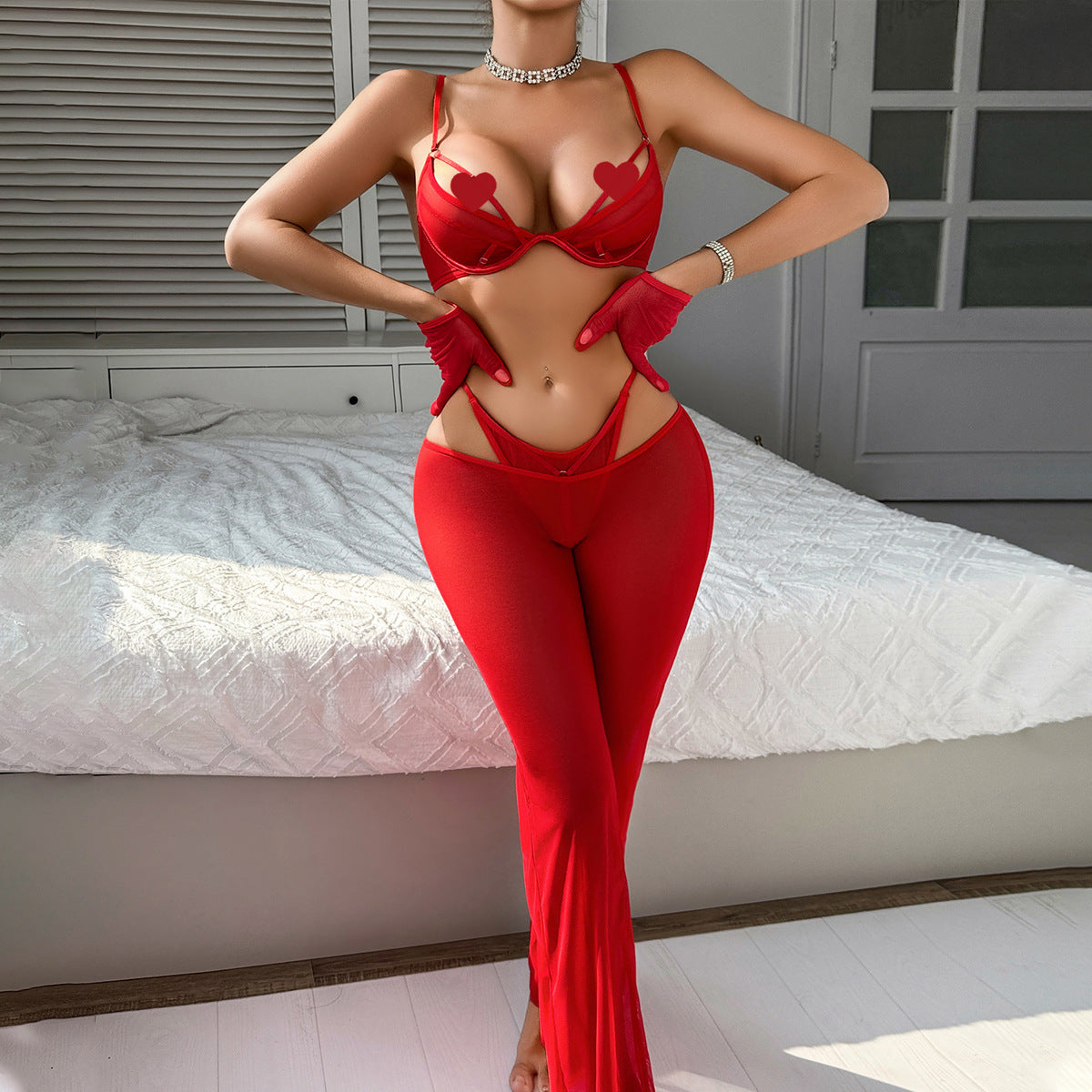 Women casual mesh trousers with bodycon and gloves 3