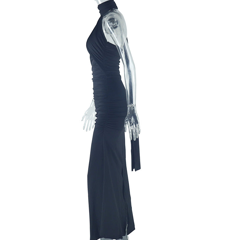 Women Sexy Backless Solid Halter Neck Slit Dress 10