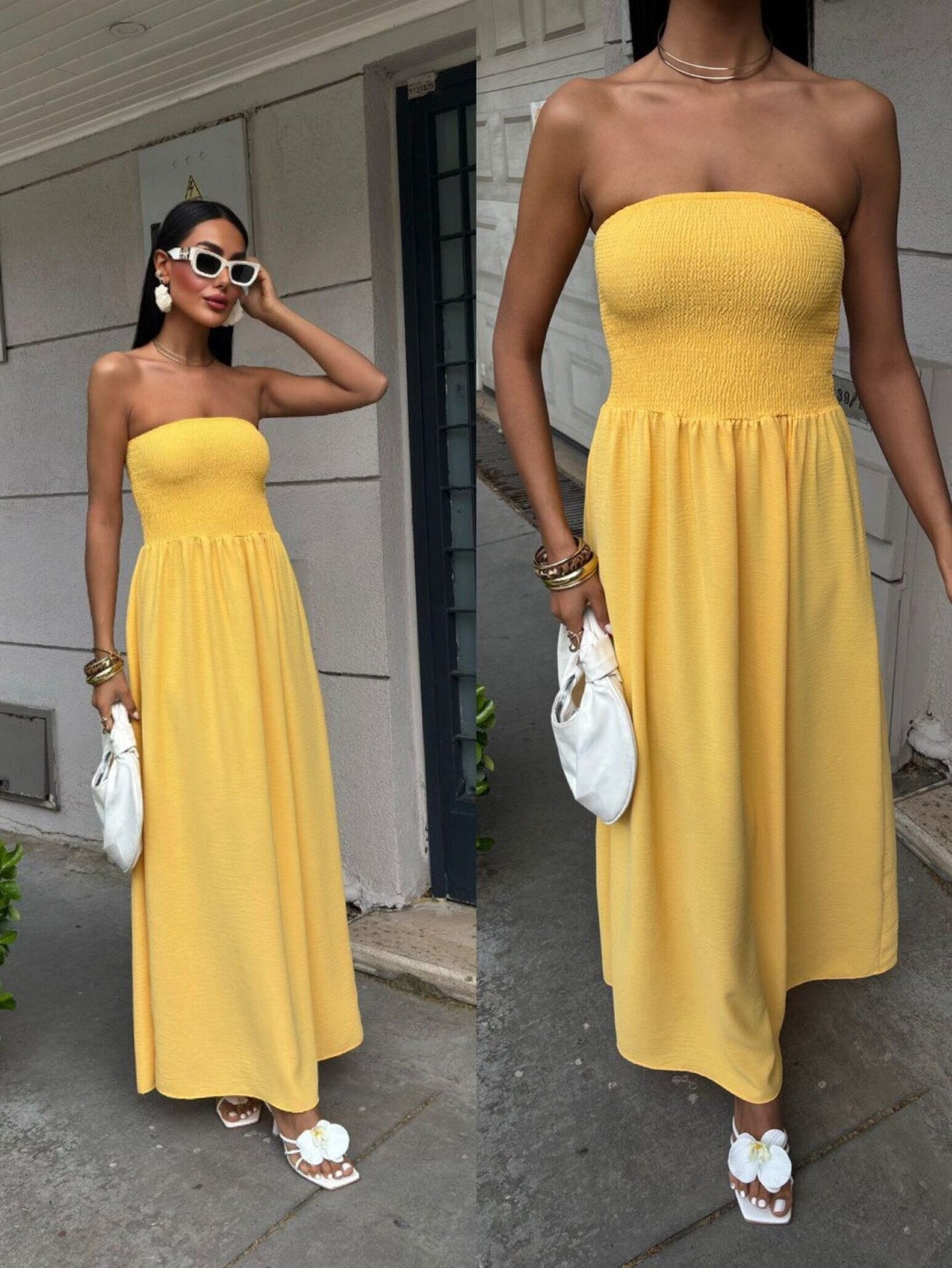 Women's Summer Solid Color Sexy Strapless Slim Waist Casual Dress 4