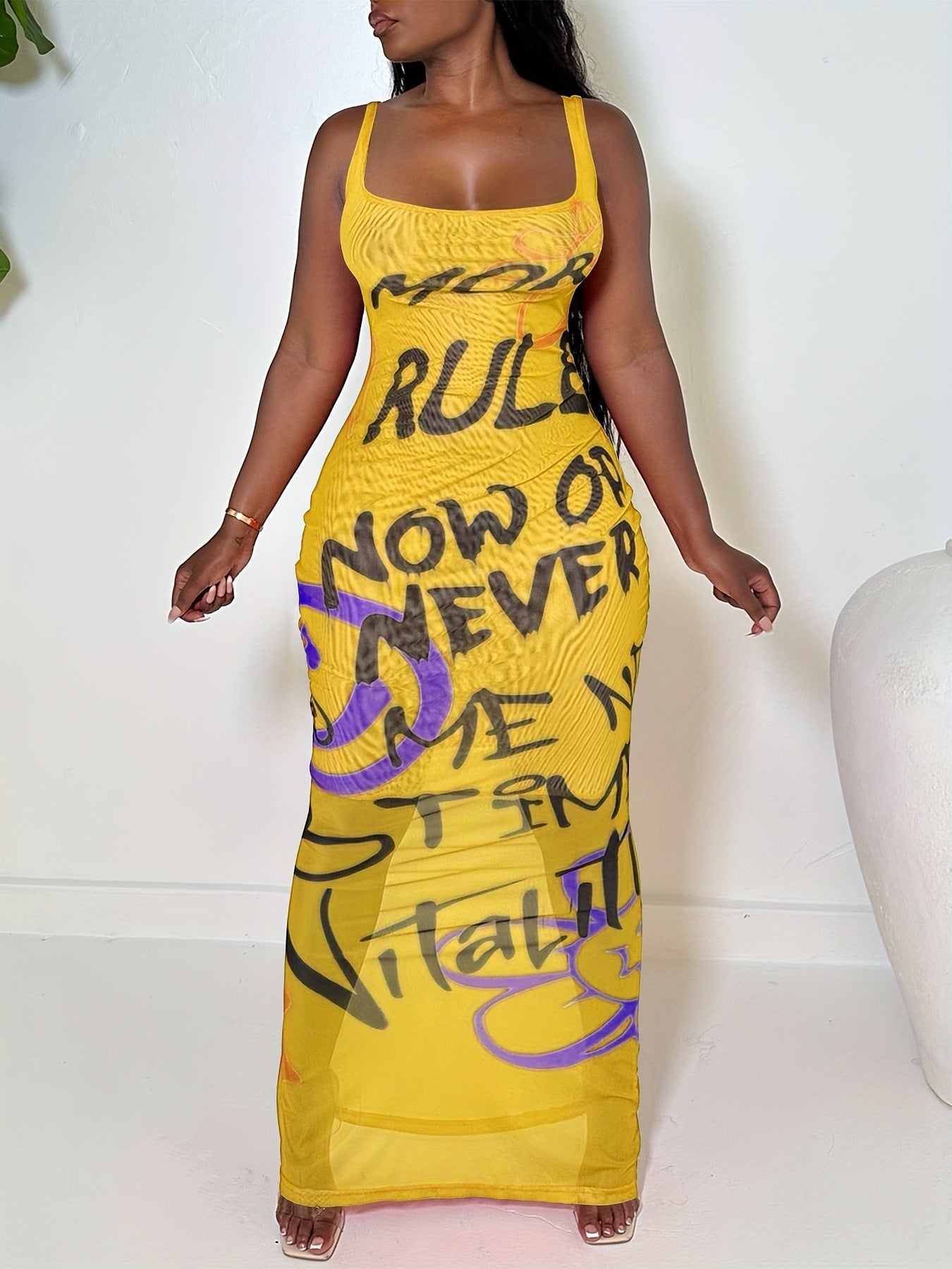 Women Summer Holidays Casual Square Neck Mesh Maxi Dress 4