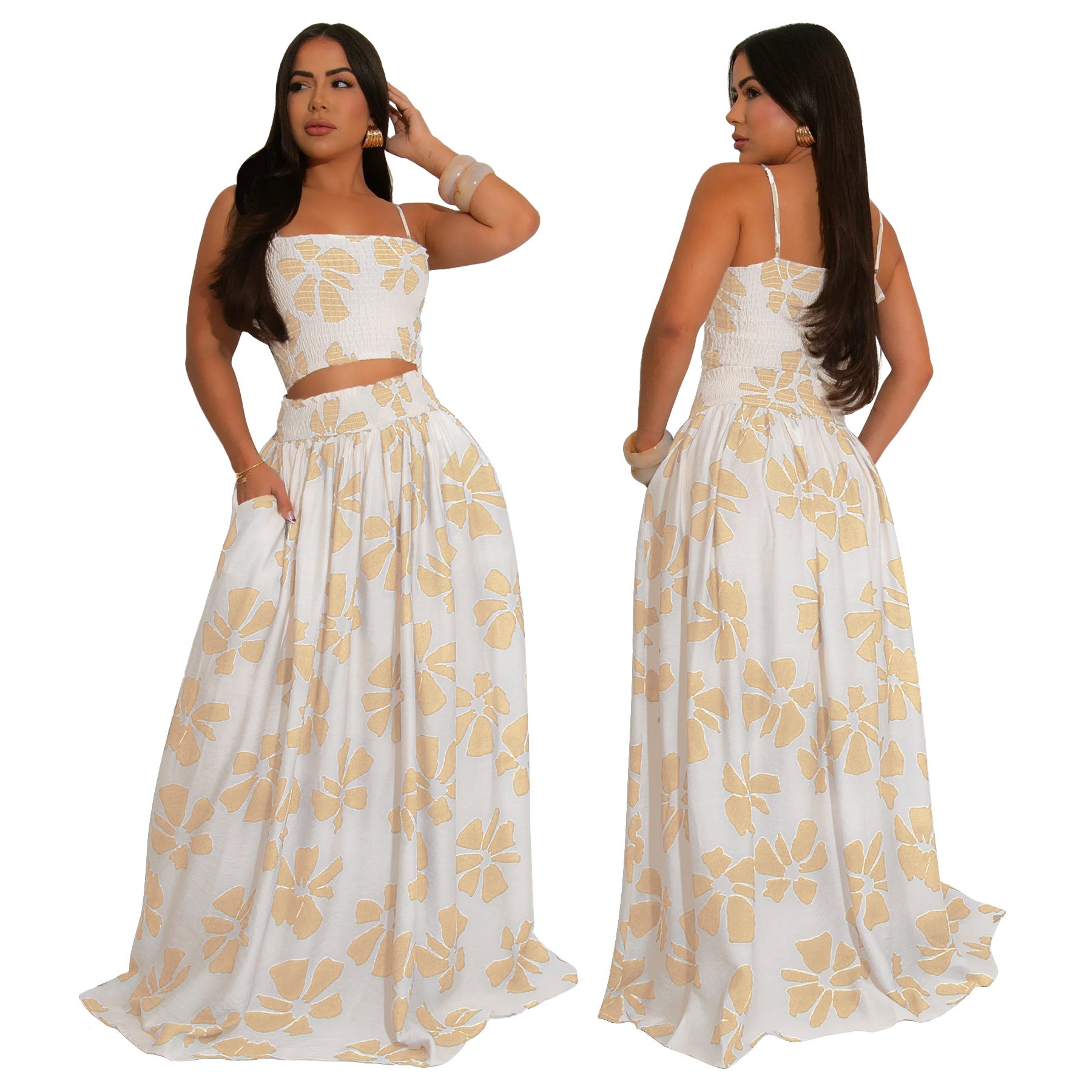Women's Summer Bohemian Strap Top Swinging Skirt Two Piece Set 5