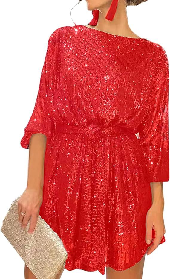 Summer Sequin Round Neck Long Sleeve Casual Loose Sequin Dress 5