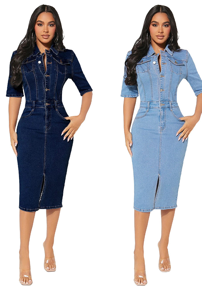 Ladies Elastic Breasted Denim Bodycon Dress