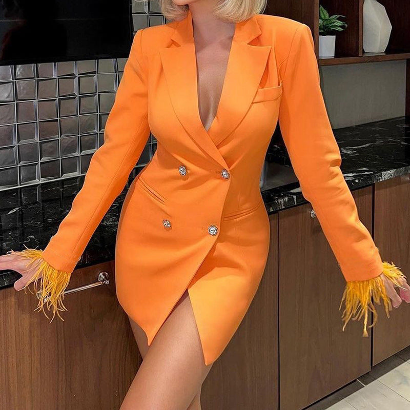 Spring Women's Fashion Feather Long Sleeve Slim Fit Blazer 4