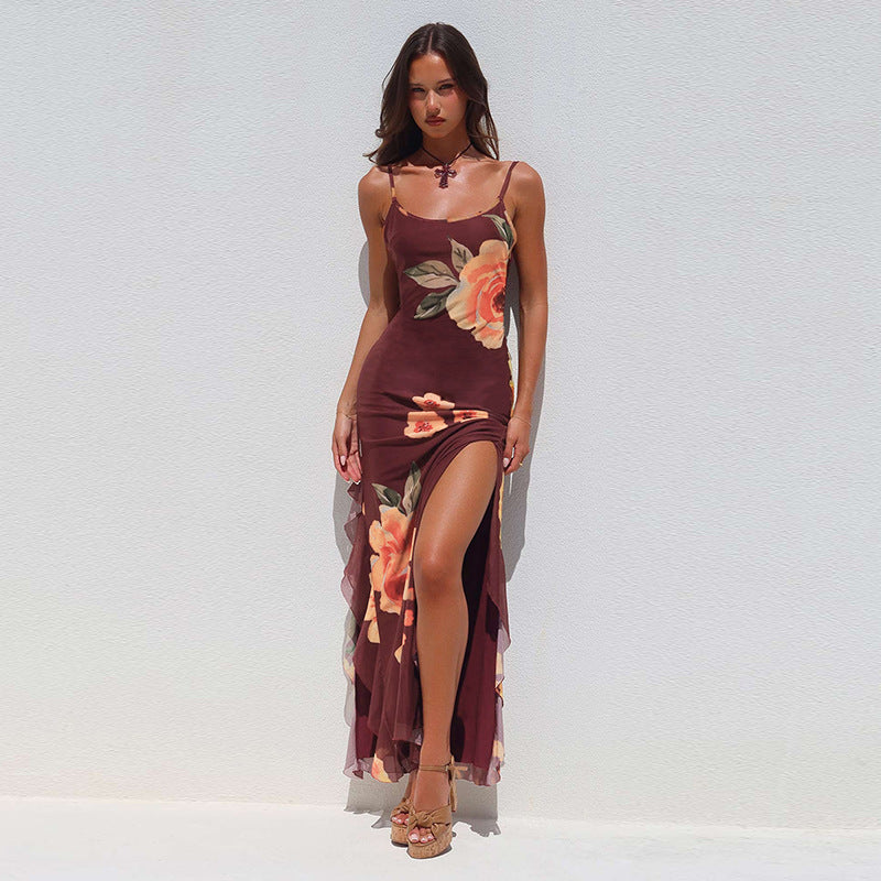 Summer Sexy Flower Mesh Strap Backless Slit Long Dress 4