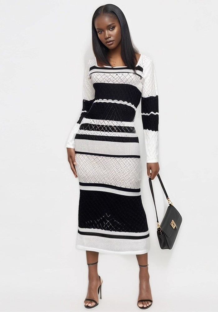 Autumn Multi-Color U-Neck Sexy Cut-Out Long-Sleeve Knit Long Dress