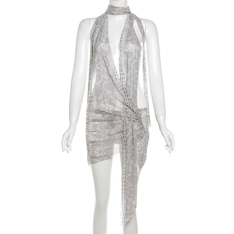 Women Summer Sexy Snake Print Halter Neck Lace-up Irregular Dress 6