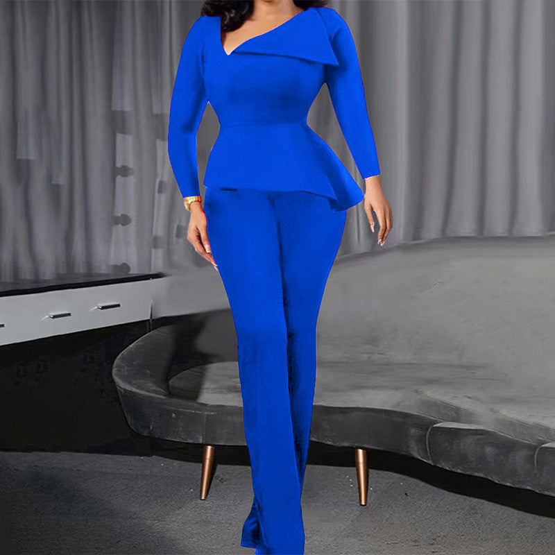 Women Long Sleeve Asymmetric Collar Elegant Jumpsuit