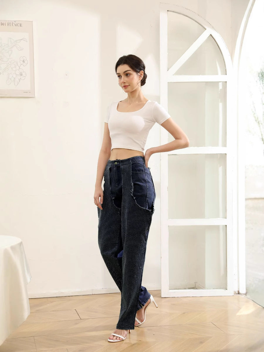 Fashion Irregular hollow Patchwork zipper Beaded elastic Denim pants 10