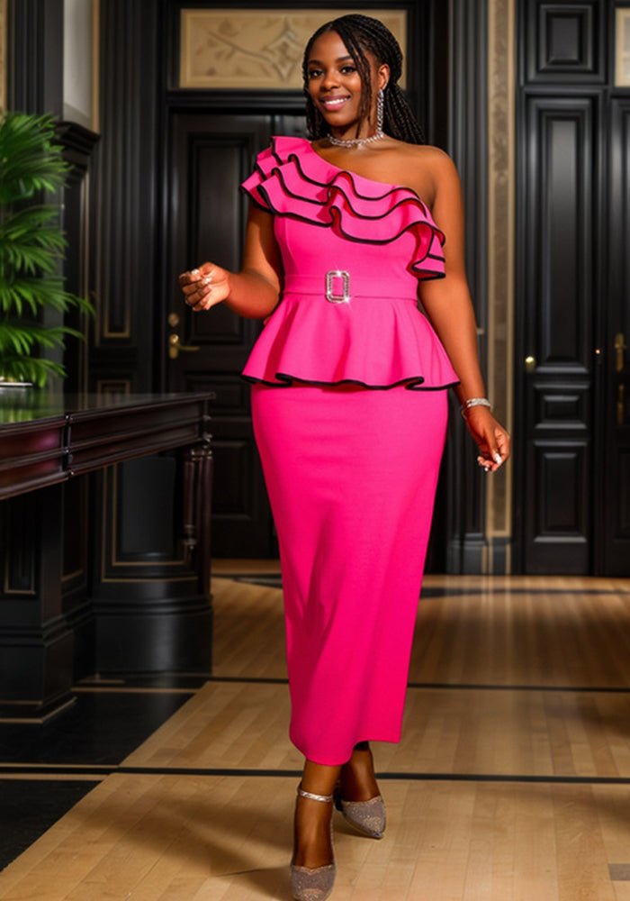 Fashionable Ruffle Slash Shoulder Sleeveless Peplum High Waist Party Dress