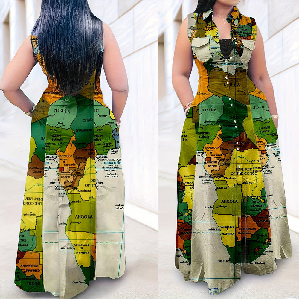 Plus Size Women's Casual Map Print Sleeveless Turndown Collar Long Shirt Dress 4