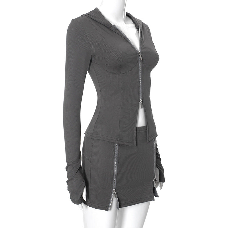 Autumn Fashion Casual Trend Long Sleeve Zipper Slim Waist Top Short Skirt Two Piece Set 8