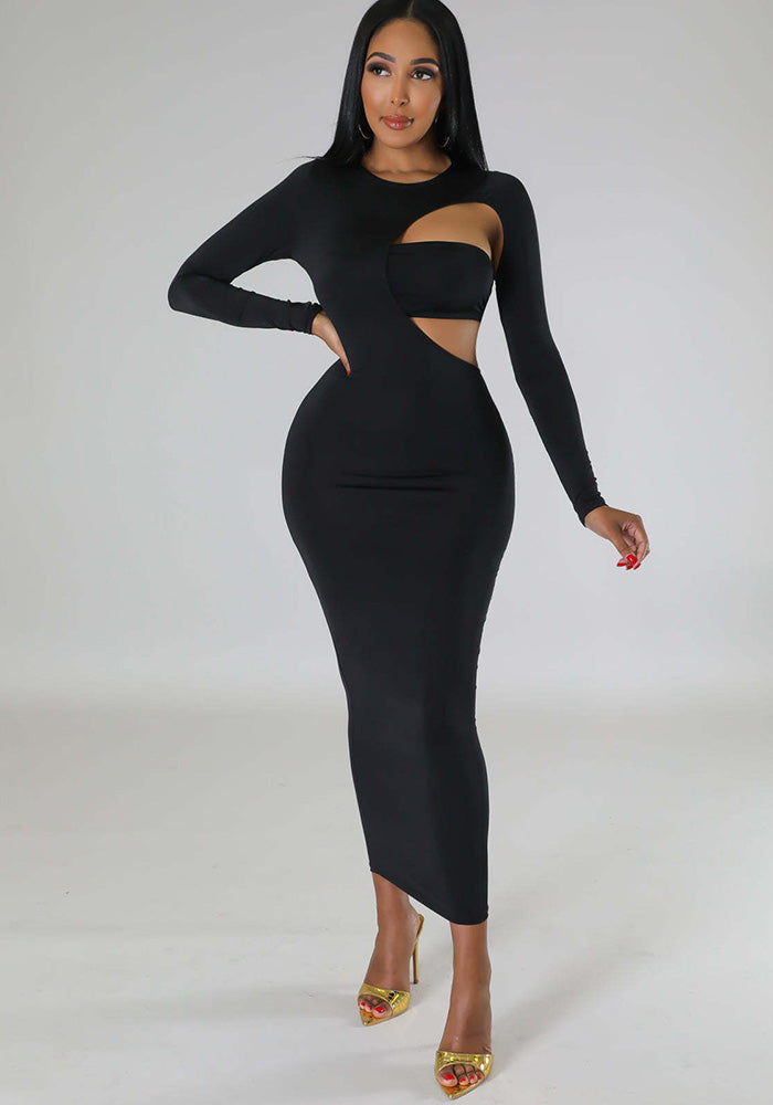 Solid Color Fashion Sexy Low Back Irregular Long-Sleeved Dress Strapless Top Two-Piece Set Women's Clothing