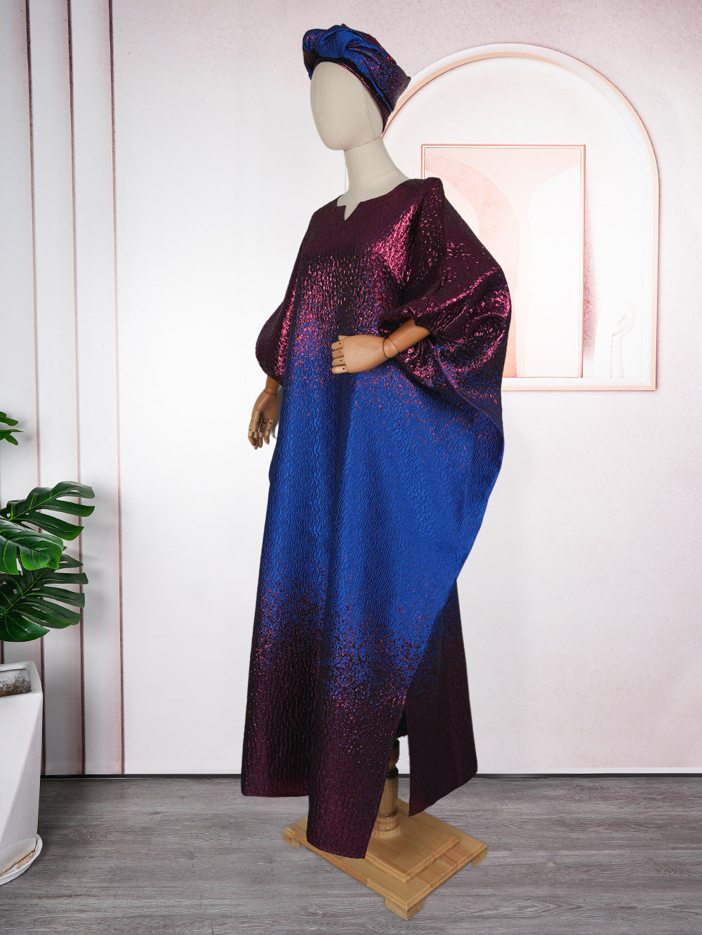 Plus Size African Women Bat Sleeves Colorblock Dress 4