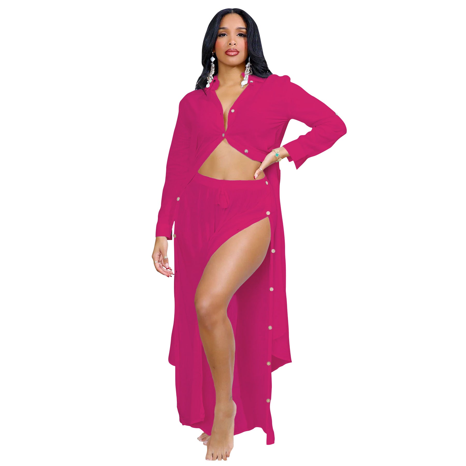 Women Solid Long Sleeve Top and Slit Skirt 2-piece set 10