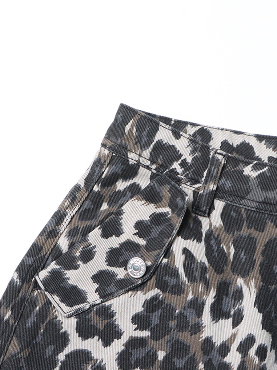 Autumn American Retro Leopard Print High Waisted Slim Fit Straight Jeans Ripped Denim Pants 5