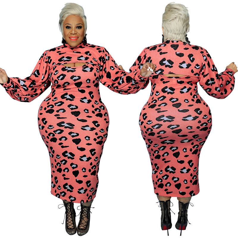 Sexy Plus Size Women's Spring Leopard Print Puff Sleeve Dress 7