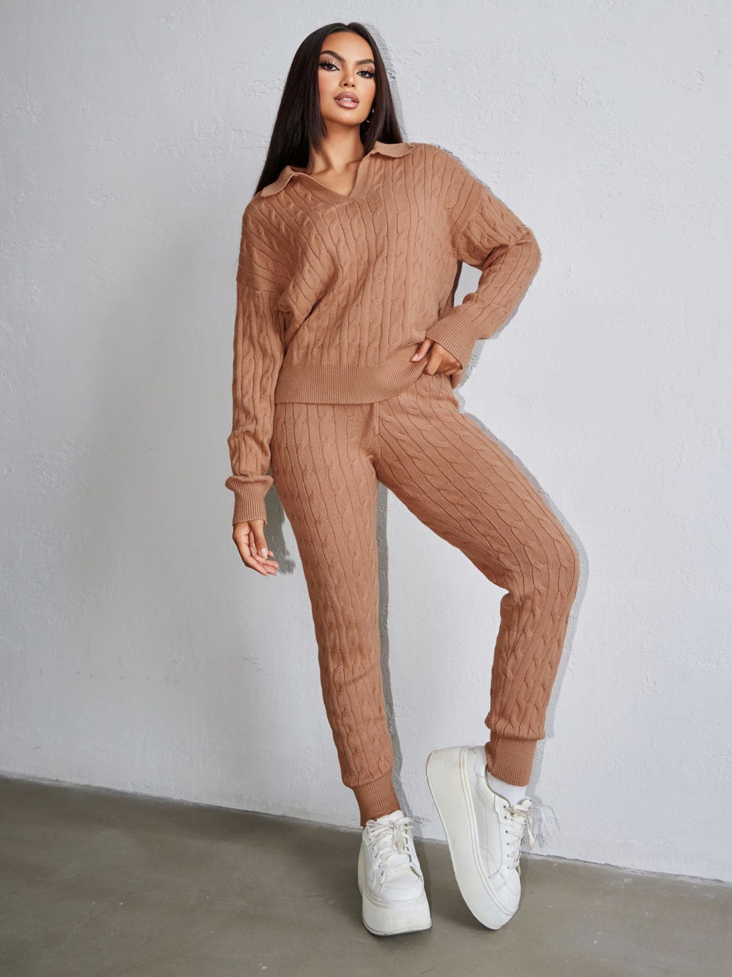 Autumn Winter Women Fashion Solid Color Sweater Trousers Knitting Two-Piece Set 6