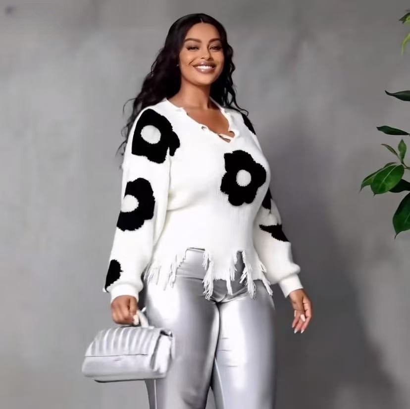 Women Cross Ripped Tassel Dark Long-Sleeved Pullover Knitting Sweater 8