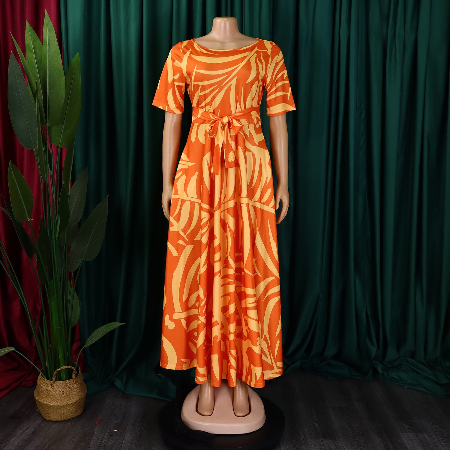 Women's Fashion Chic Tie-Waist African Plus Size Short Sleeve A-Line Dress 22