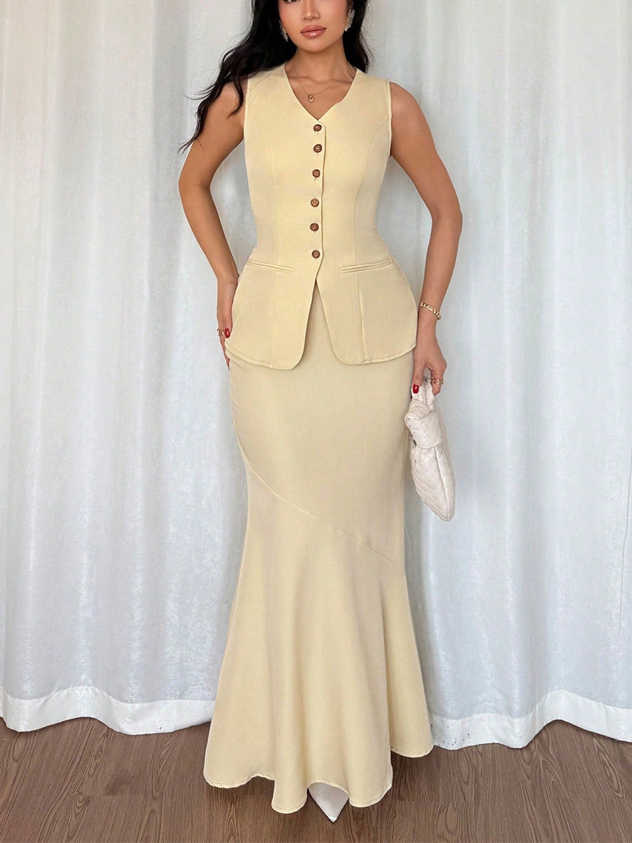 Women summer solid vest fishtail skirt two-piece set 4