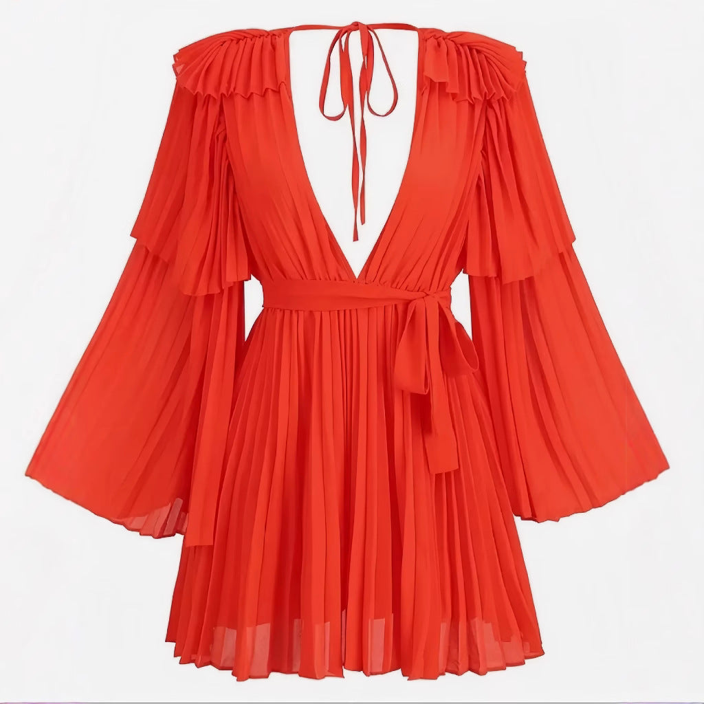 Women's Spring Solid Color Deep V-Neck Bell Sleeve Pleated Lace-Up Short Dress 6