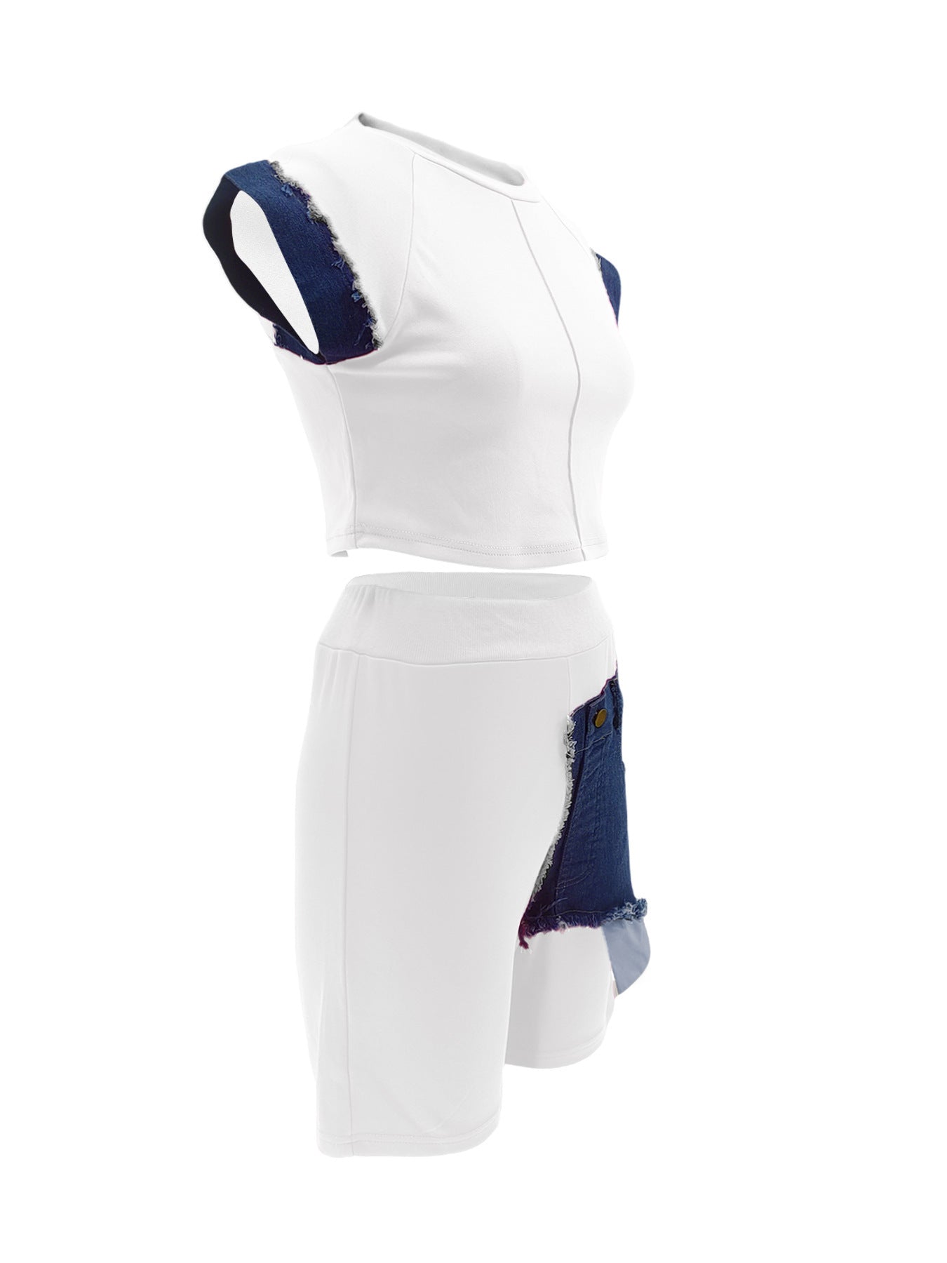 Women Casual Denim Patchwork Short-sleeved Top and Shorts Two-piece Set 14