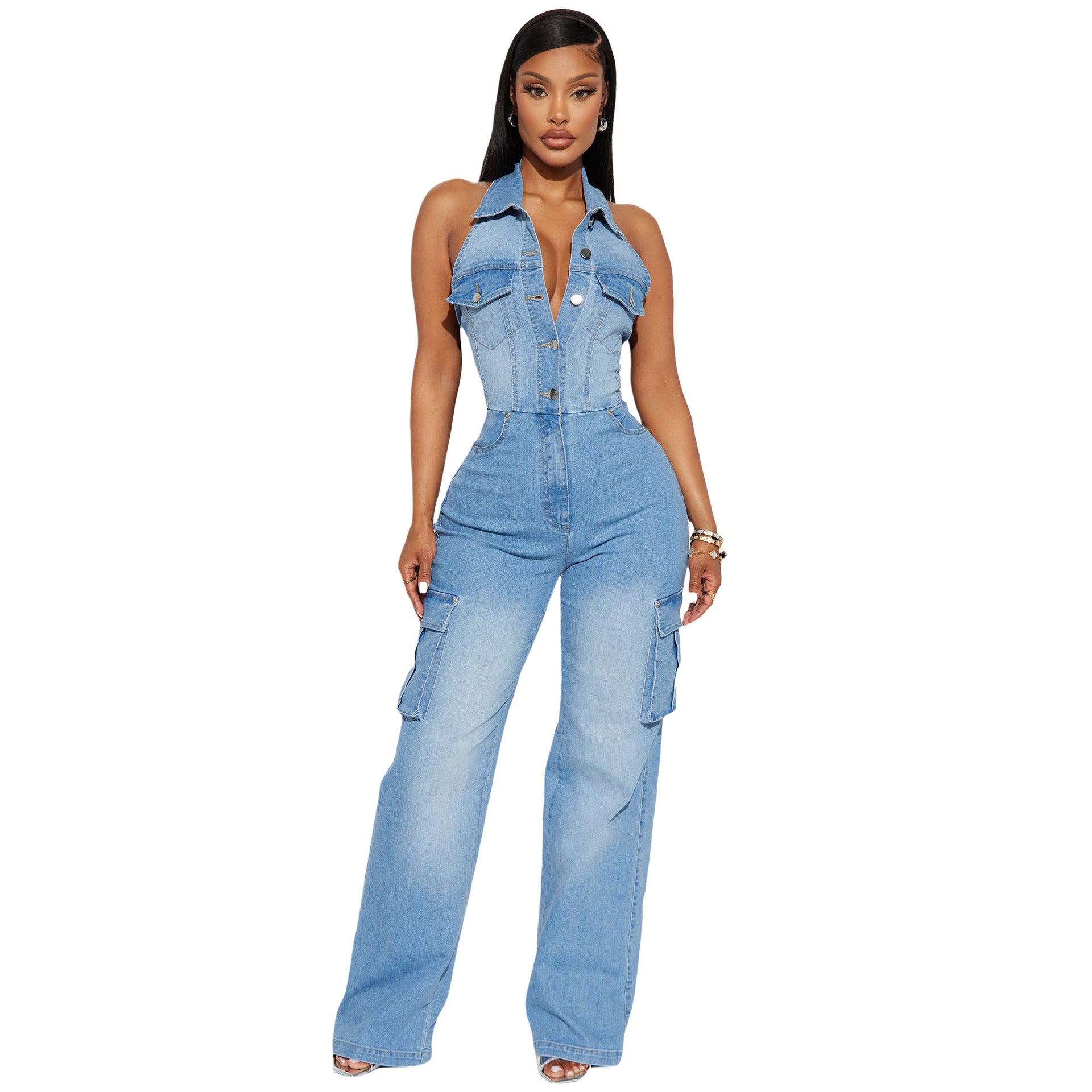 Halter Slim-Waisted Straight-Leg Loose Stretch-Denim Jumpsuit 4