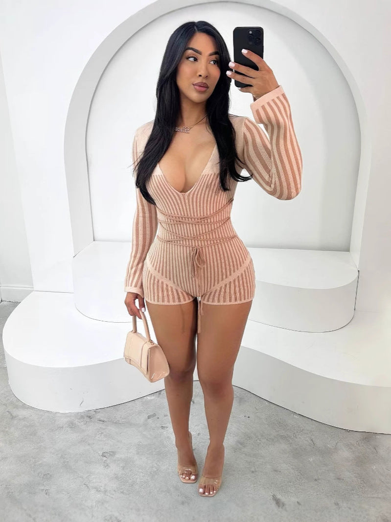 Women Sexy V-Neck Striped Knitting Contrast Romper 5