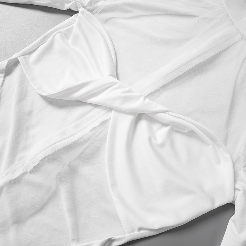 Women's Summer Solid Color Patchwork Mesh Round Neck Long Sleeve Slim Fit Pleated Short Dress 9