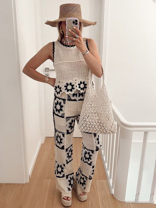 Women Spring Summer Crochet Hollow Flower Round Neck Sleeveless Knitting Top and Square Wide Leg Pants Two-piece Set 4