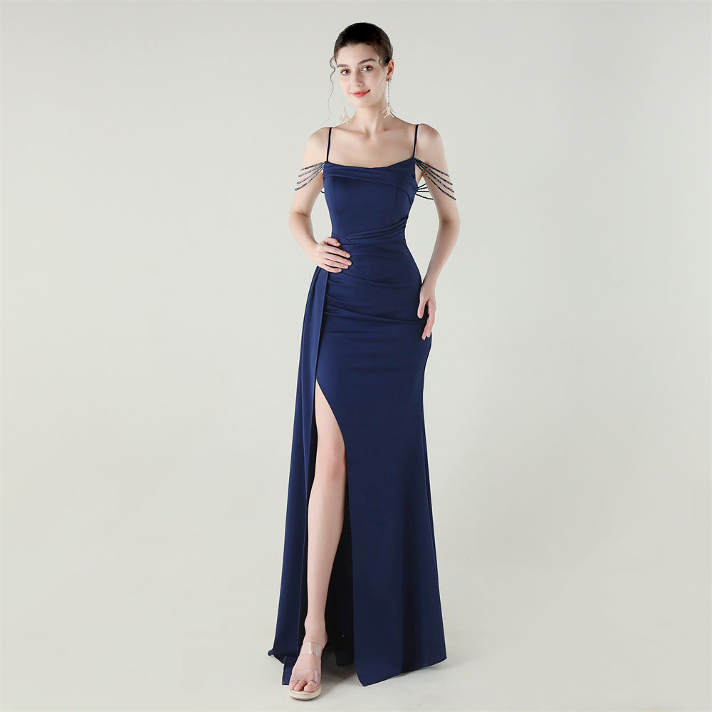Women Strapless satin beaded chain fishtail evening dress 19